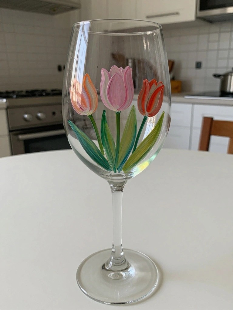 Clear wine glass hand-painted with pink, orange, and red tulips and green leaves