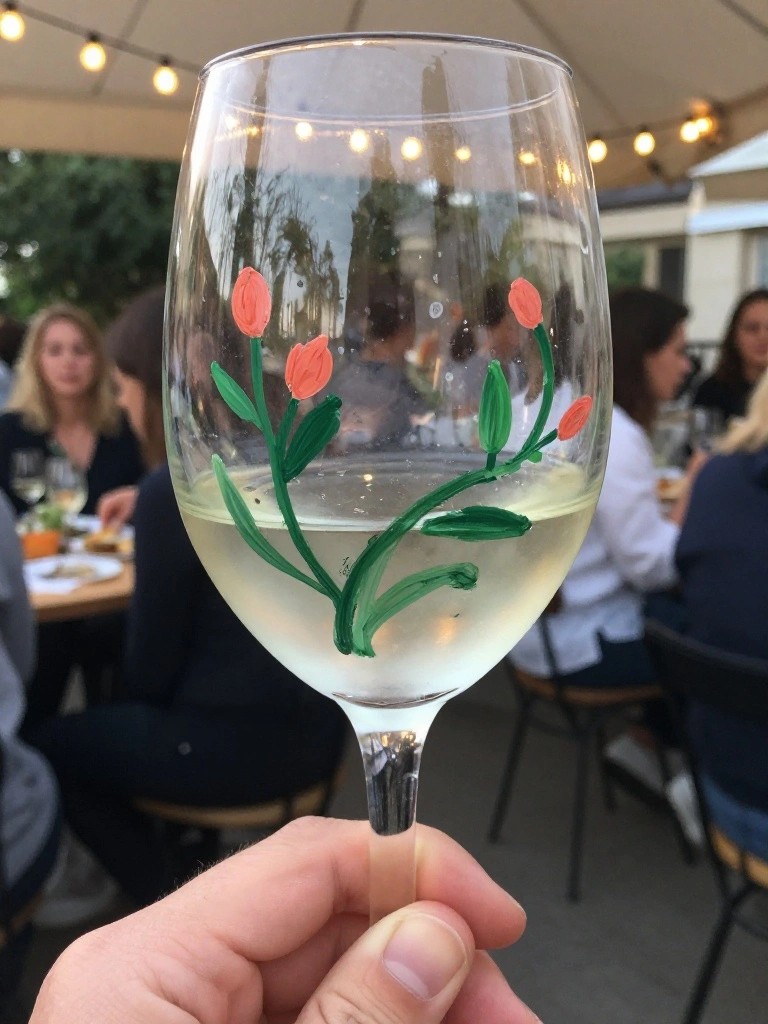 Hand holding wine glass painted with pink tulips and green stems outdoors