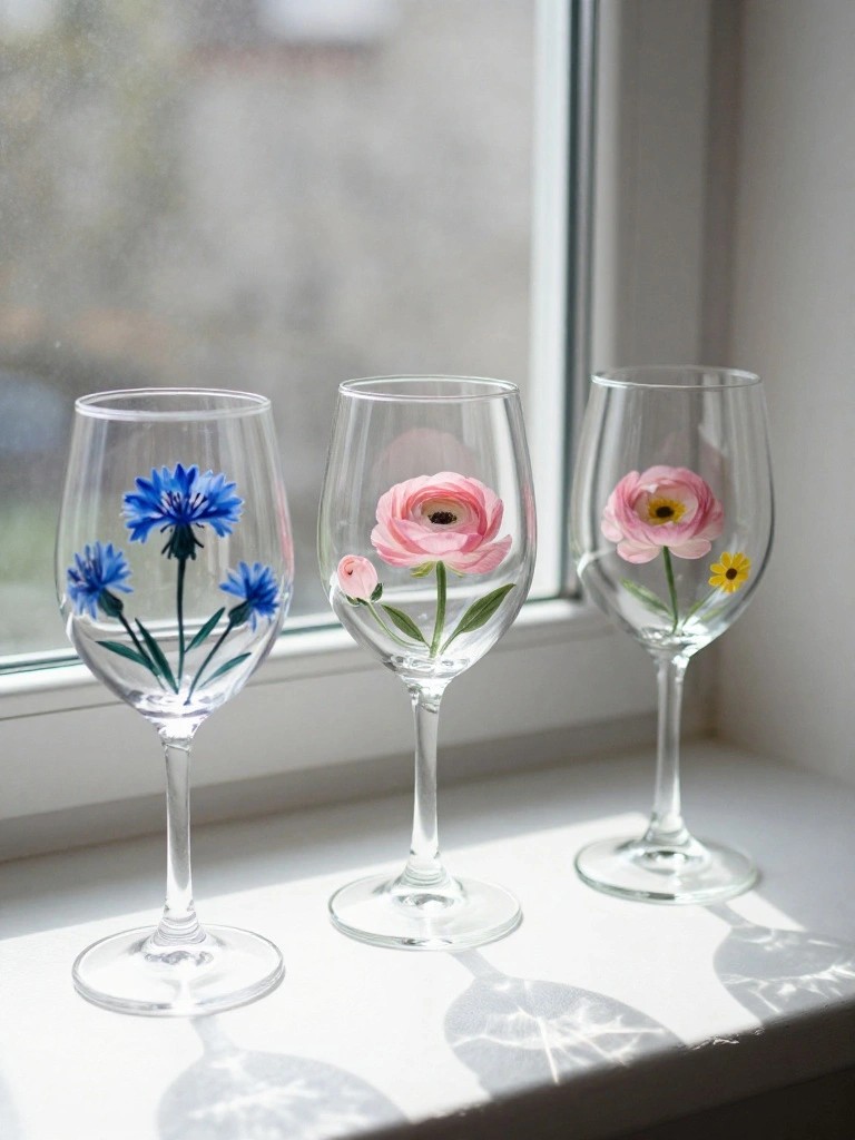 Three wine glasses with blue and pink floral paintings on a sunlit windowsill
