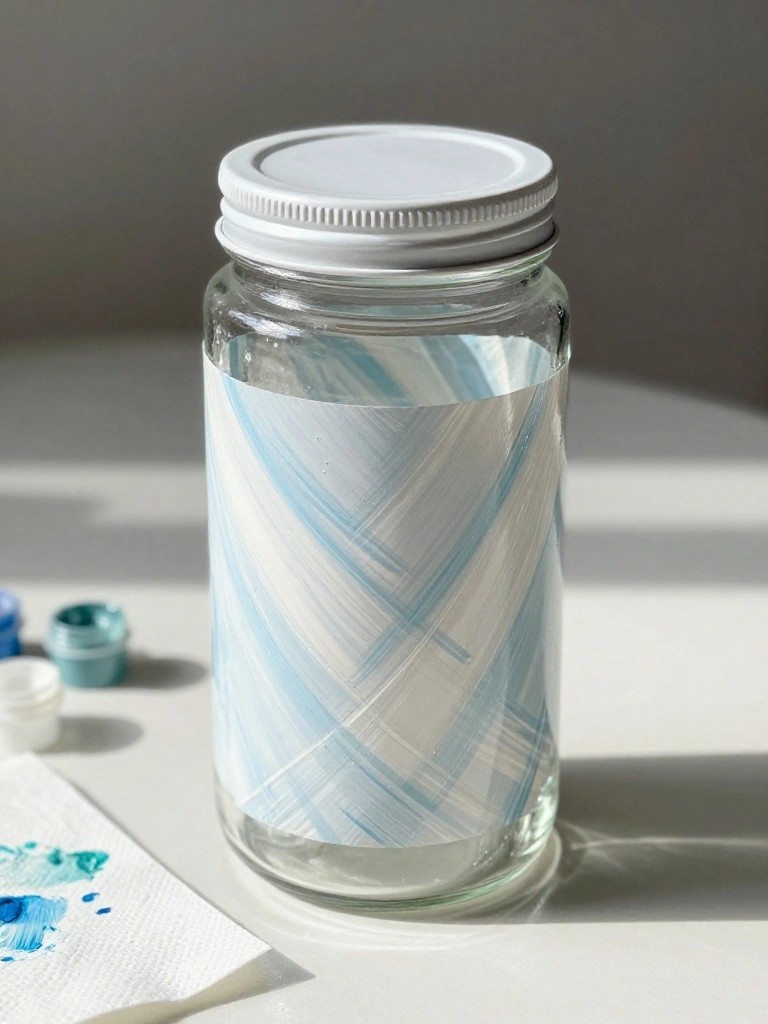 Glass jar with white lid painted blue and white on sunlit table with supplies