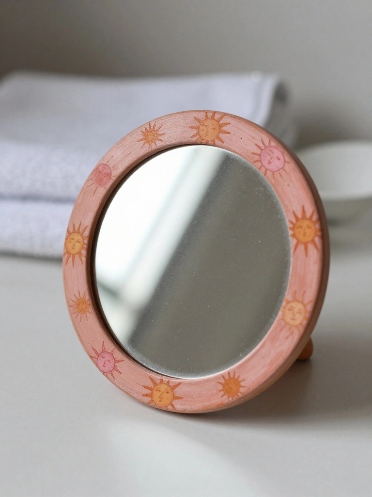 Round mirror with pink frame featuring painted sun faces on table