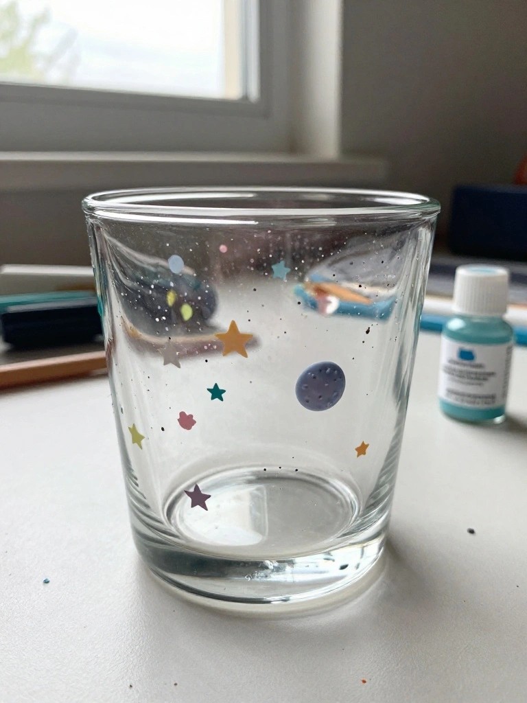 Clear glass cup decorated with colorful stars and planets on white surface