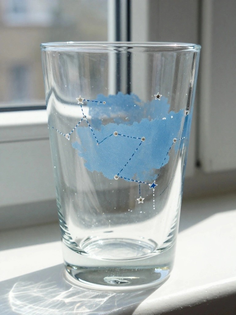 Clear glass tumbler with blue constellation design on sunlit windowsill