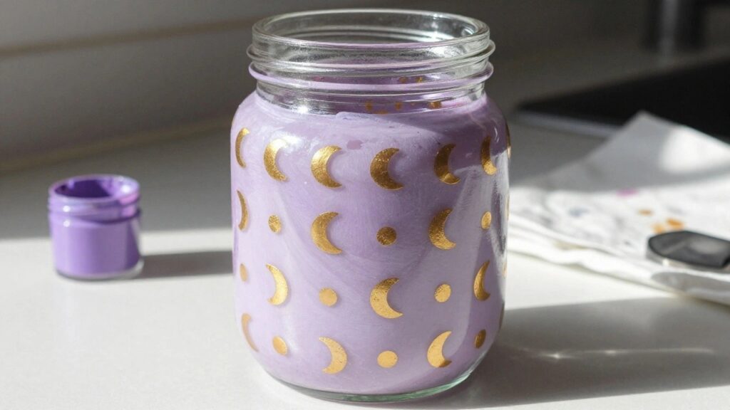 23 Creative Glass Painting Designs Centered Around Celestial Motifs Glass jar with purple paint and gold crescent moon decorations on a table