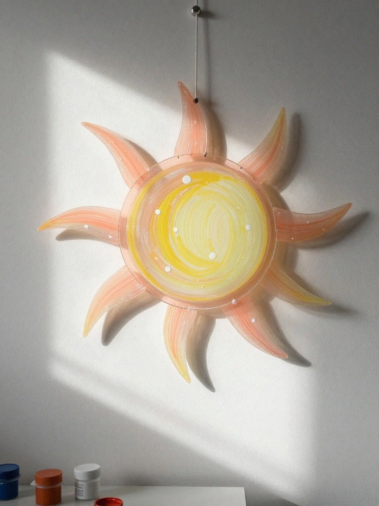 A painted glass sun with yellow and orange rays hanging on a white wall above small paint jars.