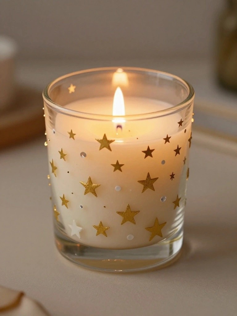 Lit white candle in glass jar with gold stars and dots