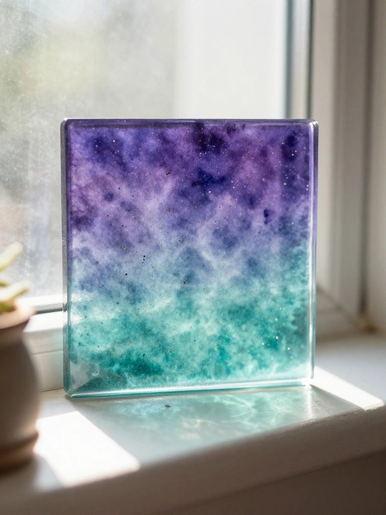 A square glass panel painted with a purple-to-teal nebula and scattered dots rests on a windowsill.