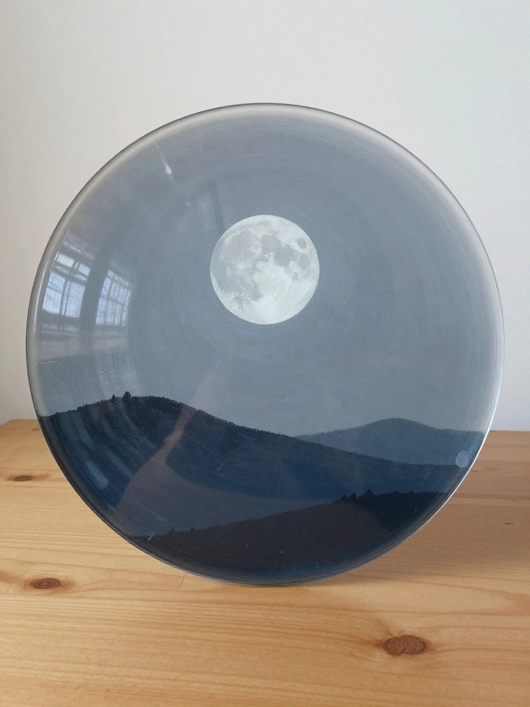 Smoky gray vinyl record with full moon over dark hilly landscape on wood