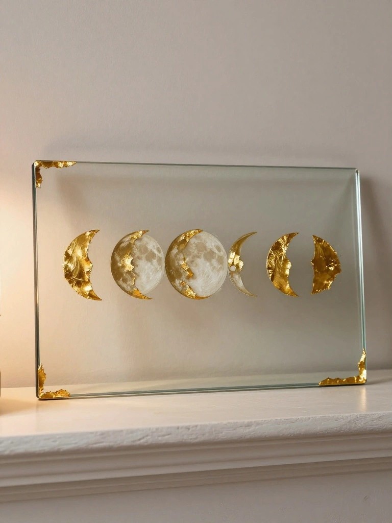 Glass frame with five gold-leaf moon phases on white shelf