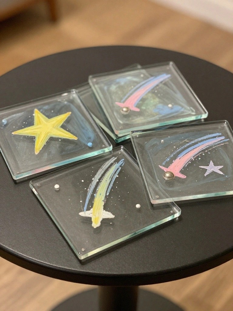 Four glass coasters with colorful painted stars and comets on black table.