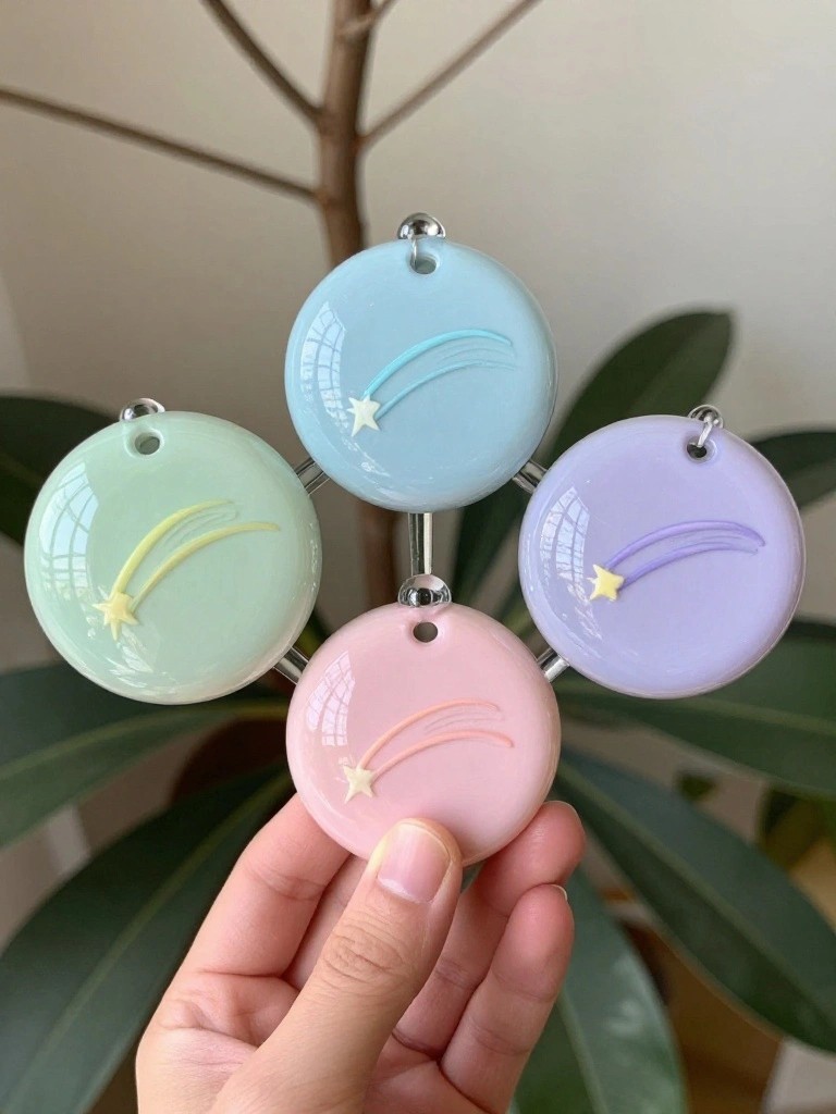 Hand holding five pastel round pendants with shooting star designs on stand