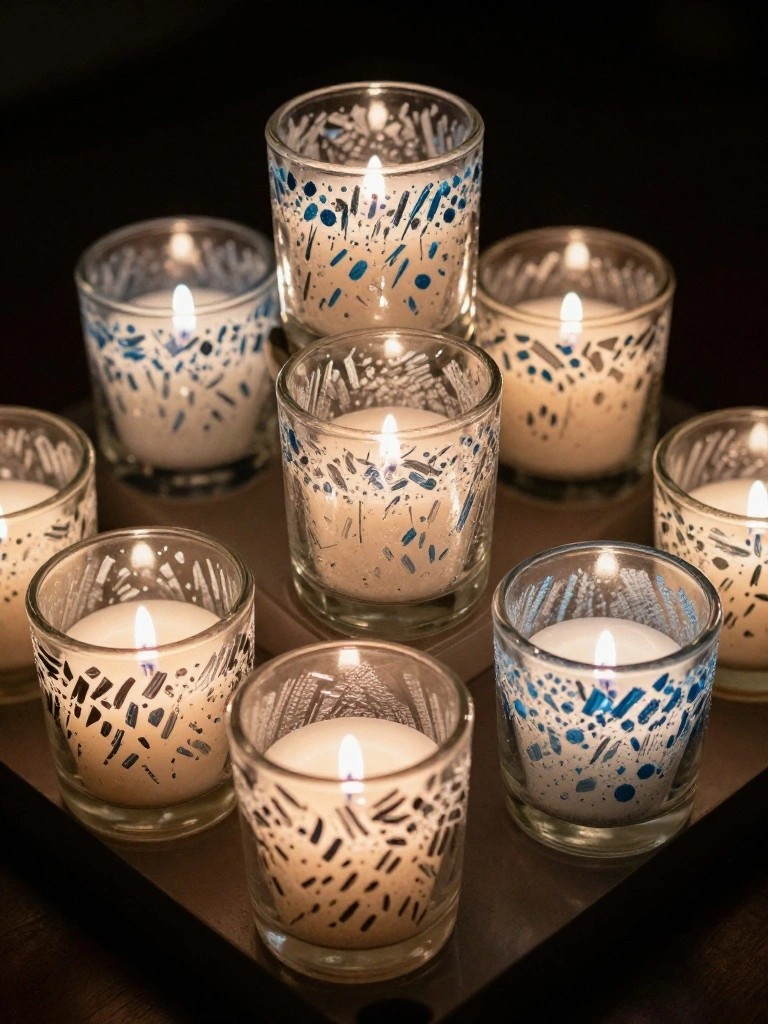 Lit candles in blue and black patterned glass holders on a tray.