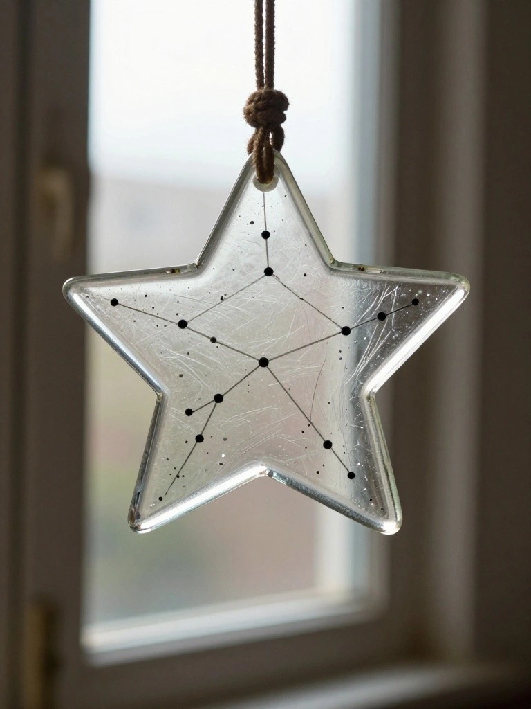 Clear glass star ornament with constellation pattern hanging from knotted cord before window.