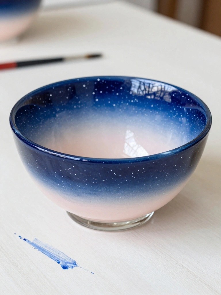 Ceramic bowl with blue-to-pink gradient glaze and white starry speckles on table