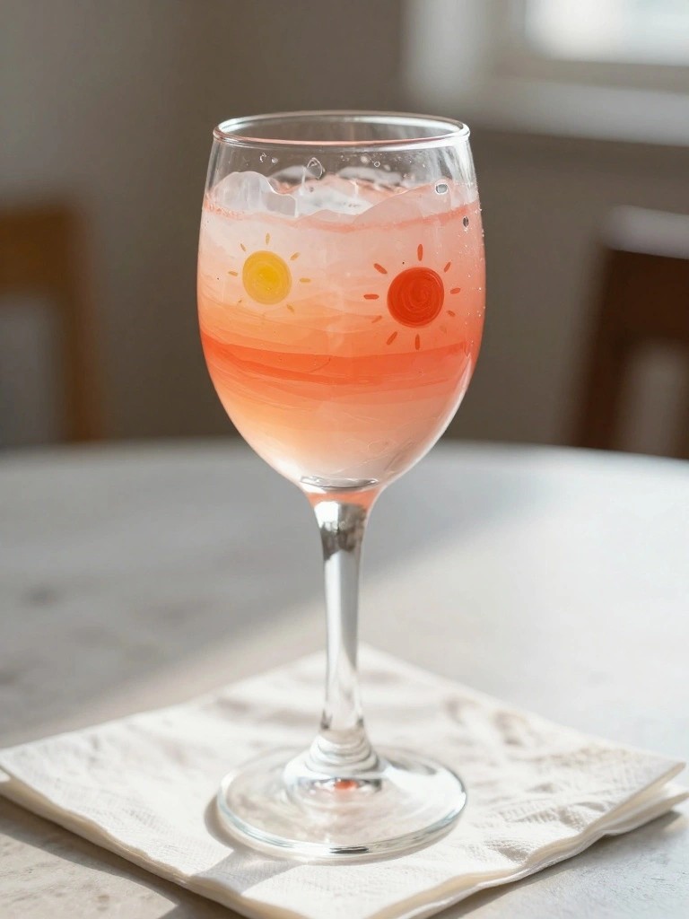 A clear stemmed wine glass with orange and pink horizontal stripes and two painted sun designs rests on a folded white napkin.