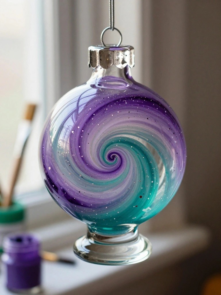 Hanging glass ornament with swirling purple teal glitter and silver cap