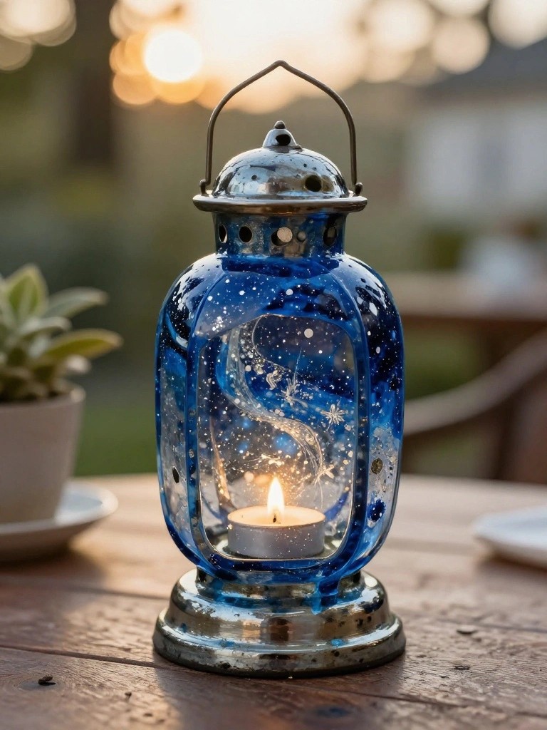 Blue glass lantern with star designs and lit candle on wooden table