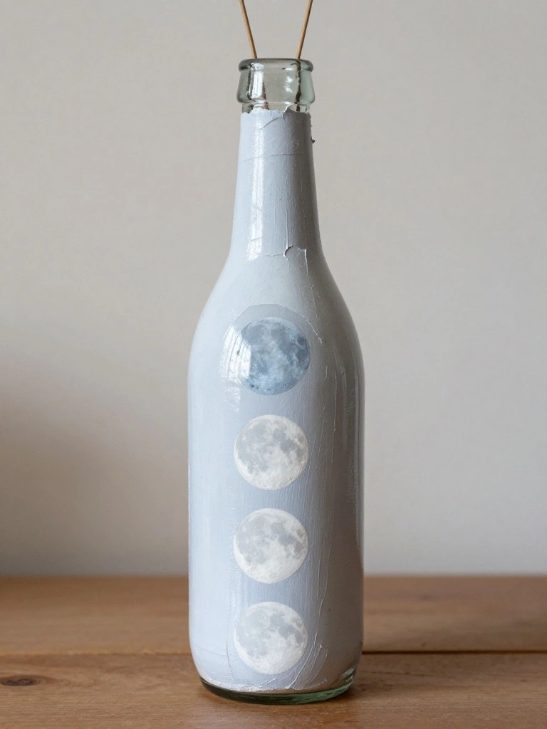 Light blue painted bottle with moon phases and sticks on wooden surface