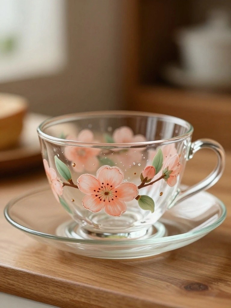 Glass teacup with pink cherry blossoms on matching saucer
