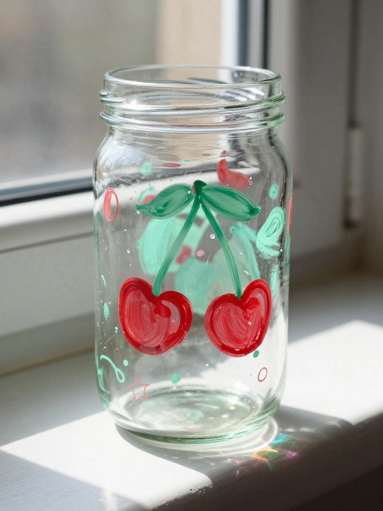 Clear glass jar painted with red cherries, green leaves, and colorful dots on windowsill