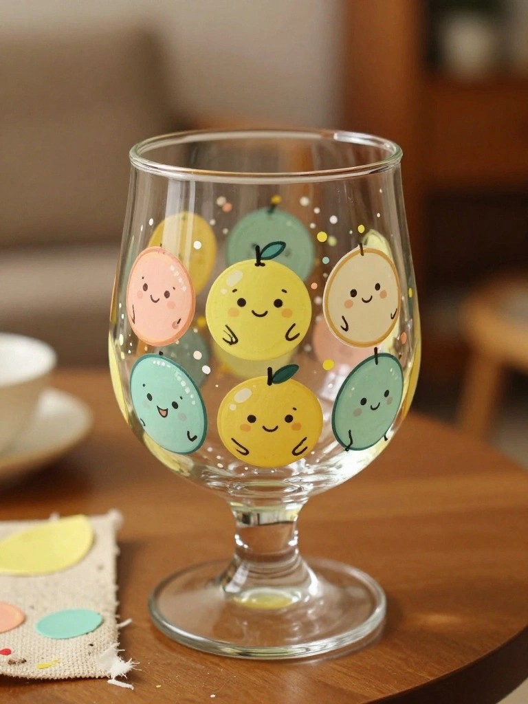 Clear glass goblet with cute cartoon fruit faces on wooden table