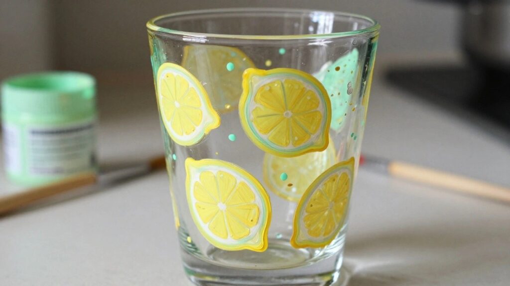 22 Playful Glass Cup Painting Ideas Focused on Fruit and Doodle Motifs A clear drinking glass painted with yellow lemon slices and turquoise accents next to a jar of yellow paint.