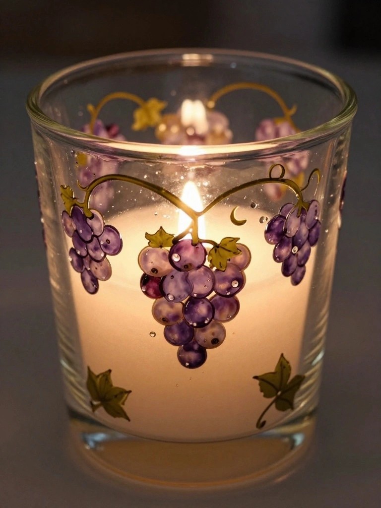 Lit candle glowing in glass holder adorned with purple grapes and green leaves