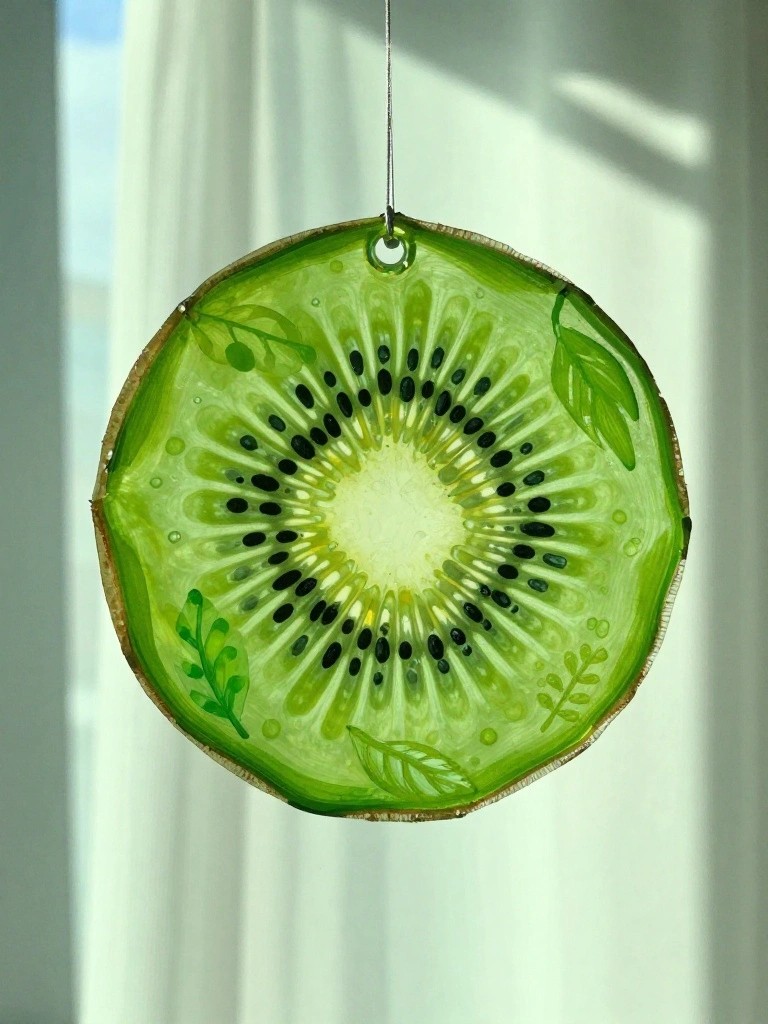 Hand-painted kiwi slice ornament hanging by wire near sunlit window
