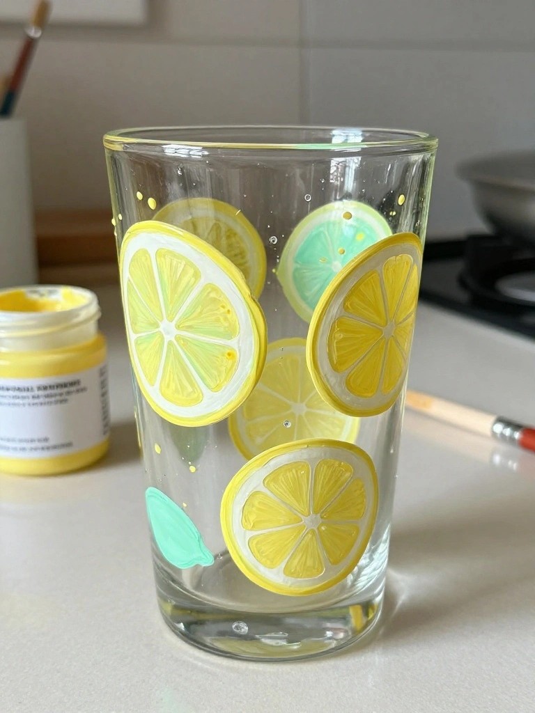 A clear drinking glass painted with yellow lemon slices and turquoise accents next to a jar of yellow paint.