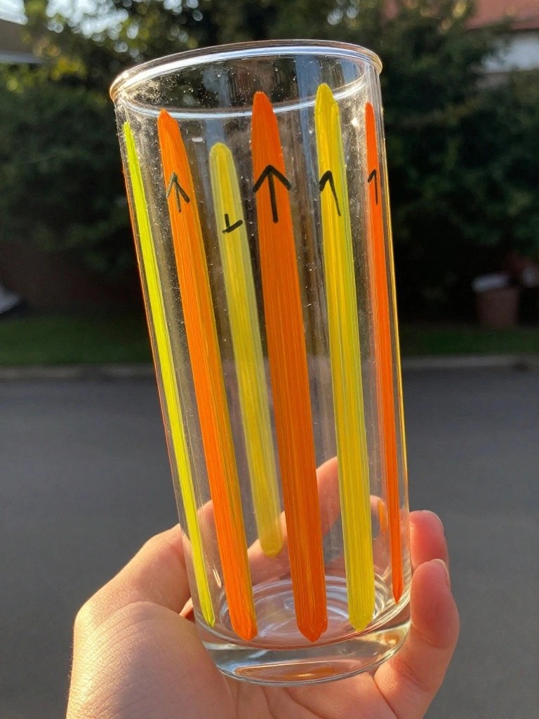 A hand holds a clear glass tumbler with vertical neon yellow and orange stripes and black arrows painted on some stripes.