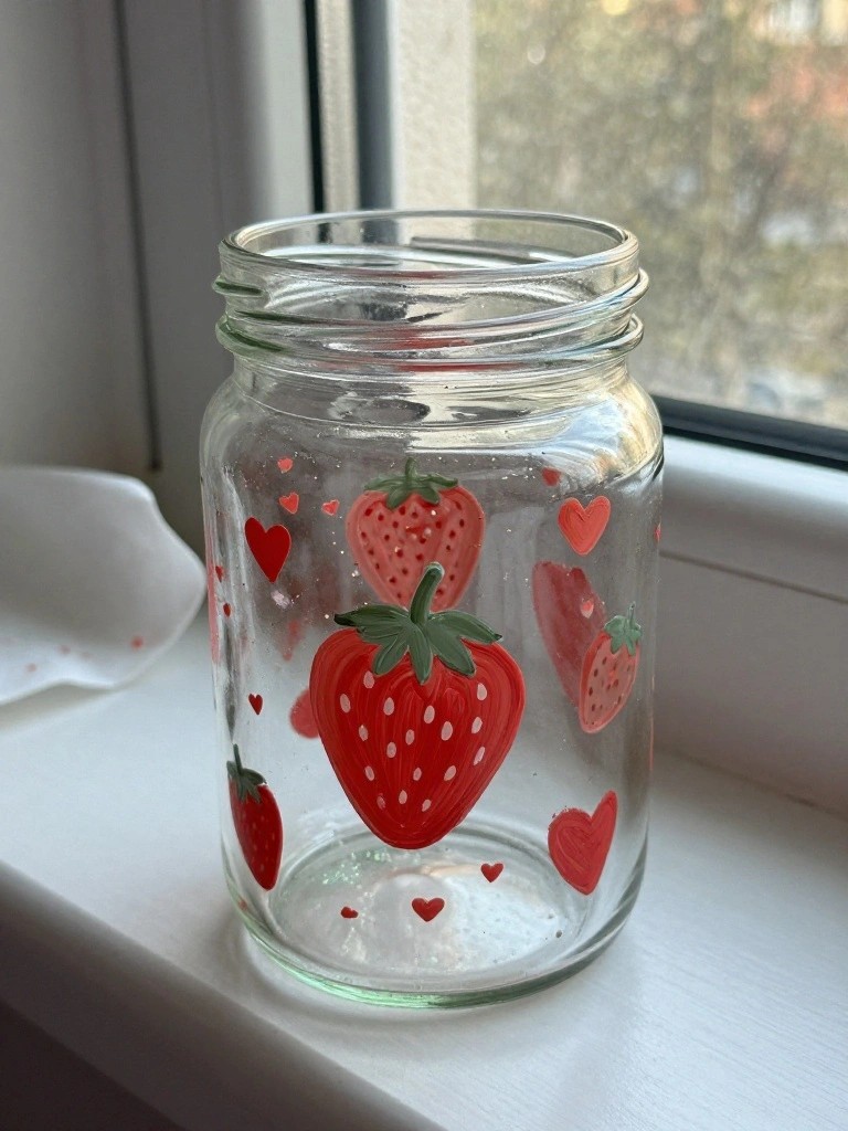Glass jar painted with red strawberries and hearts on white windowsill.