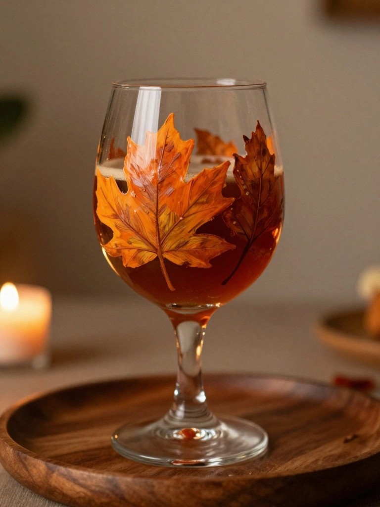 A clear stemmed wine glass with orange and brown painted maple leaves rests on a wooden tray beside a lit candle.