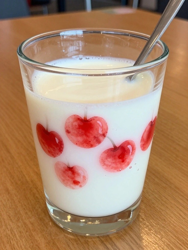 Glass of white milk with red cherries and metal spoon on wooden table