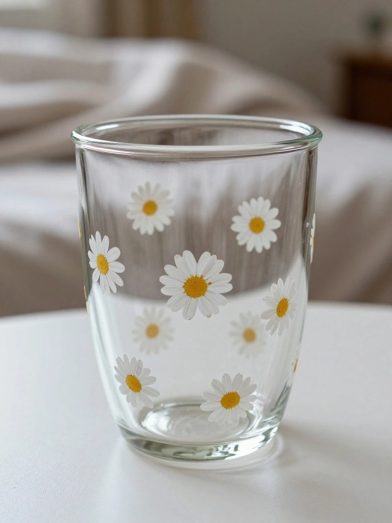 Clear glass tumbler with white and yellow daisy prints on white surface.