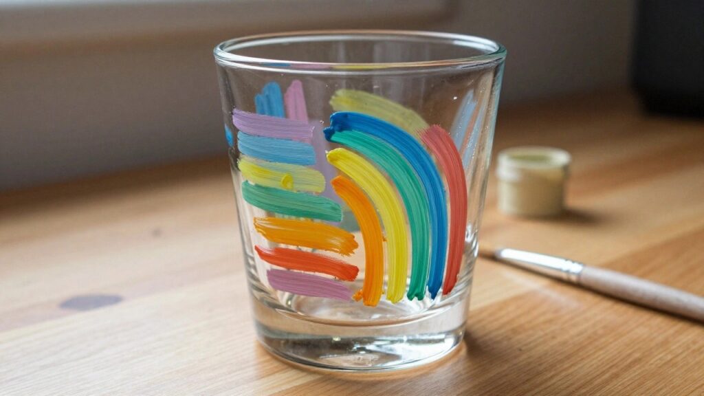 23 Practical Glass Cup Painting Ideas Designed for Everyday Use Clear glass cup with rainbow stripes on wooden table beside paint and brush