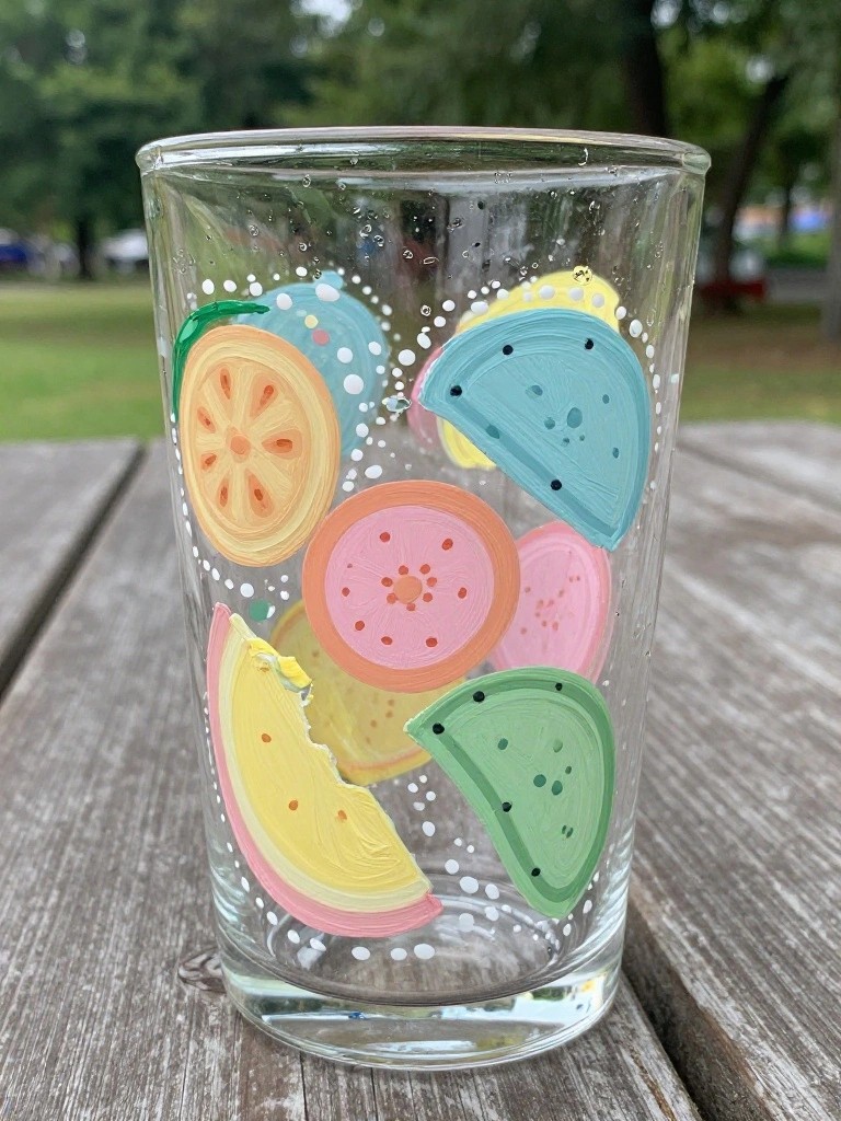Painted glass tumbler with colorful fruit slices on wooden picnic table