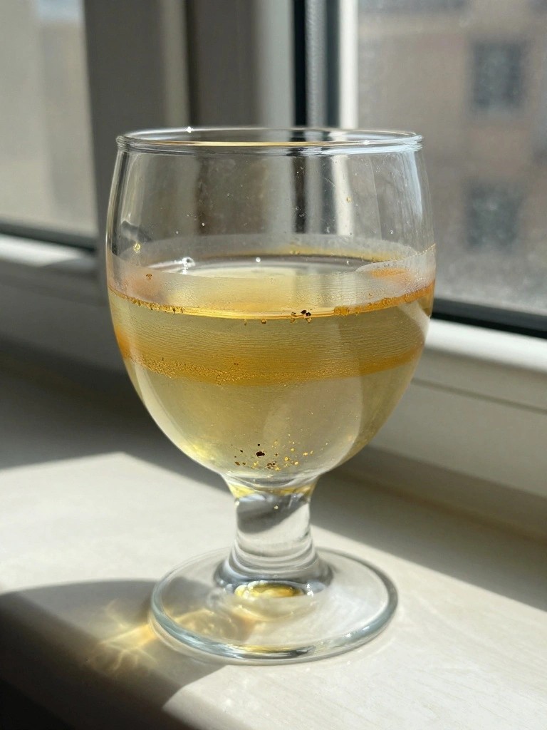 Goblet of pale yellow bubbly liquid on sunlit white windowsill.