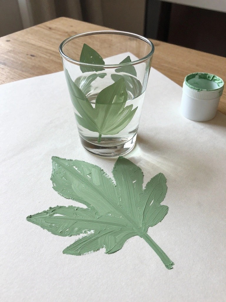 A clear drinking glass with green painted leaves beside a matching painted leaf on paper and an open jar of green paint.