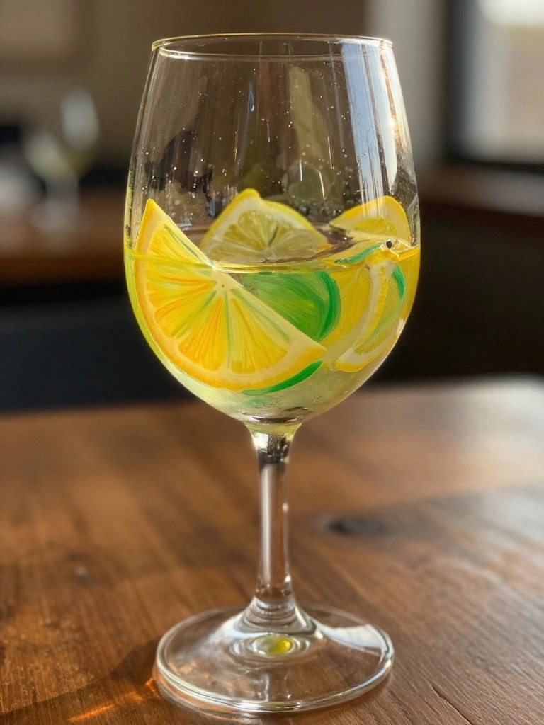 Wine glass with yellow-green lemon paintings holding liquid and slices on wooden table
