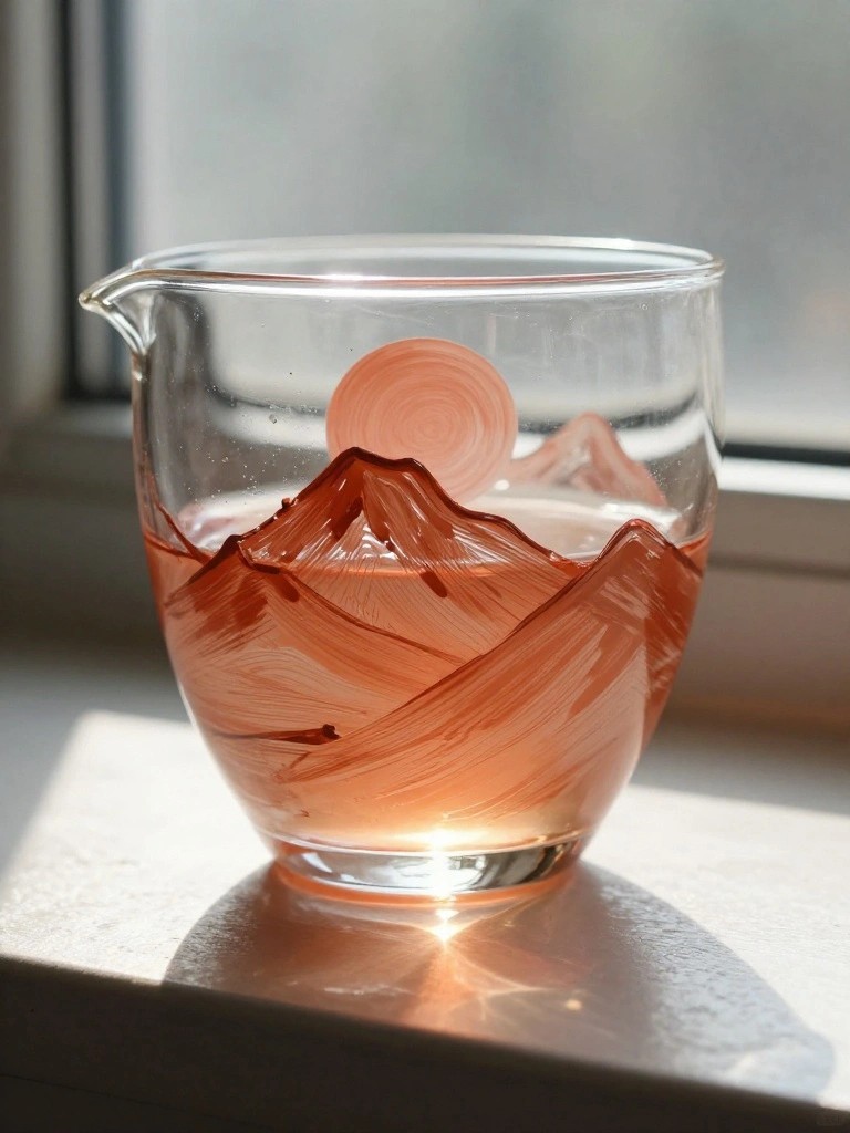 Glass pitcher with red mountain landscape and sun on sunlit windowsill