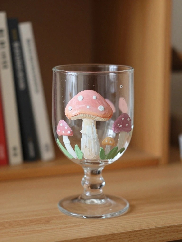 Clear glass goblet hand-painted with pink, purple, and orange mushrooms on wood.