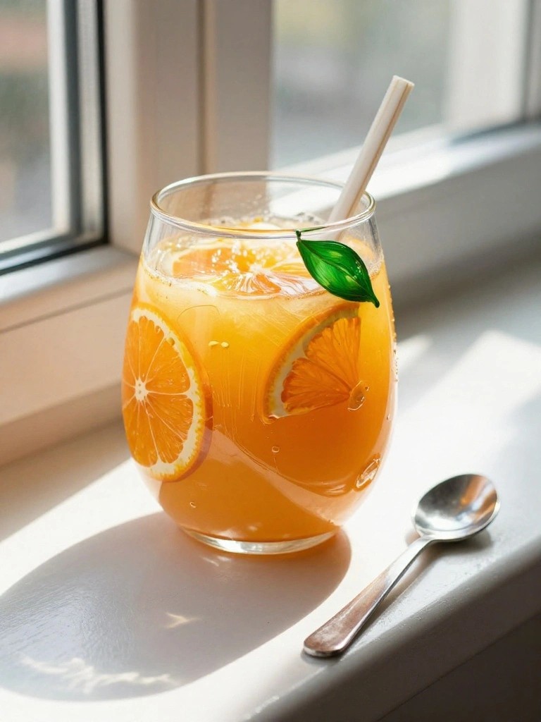 A clear glass tumbler with painted orange slices and a green leaf rests on a sunny windowsill beside a metal spoon.