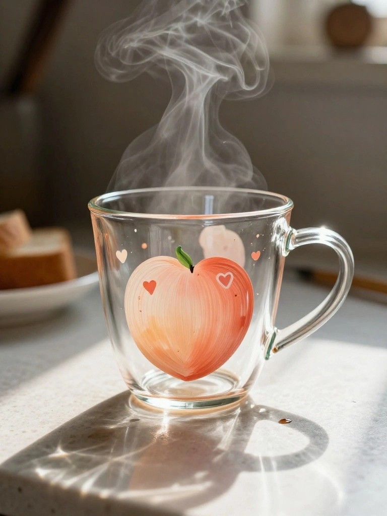 Steaming glass mug with painted peach design on sunlit countertop