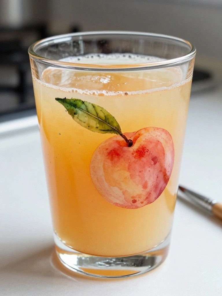 Glass of frothy peach drink with watercolor peach and leaf on side