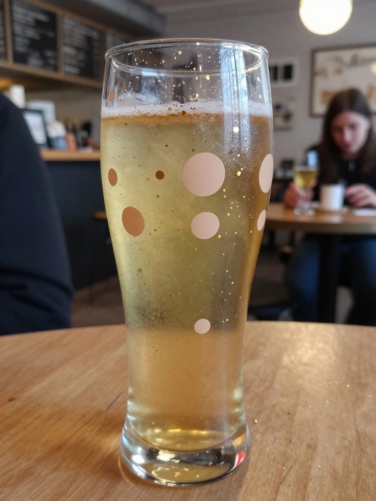 Tall glass of pale beer with white and brown dots on wooden table