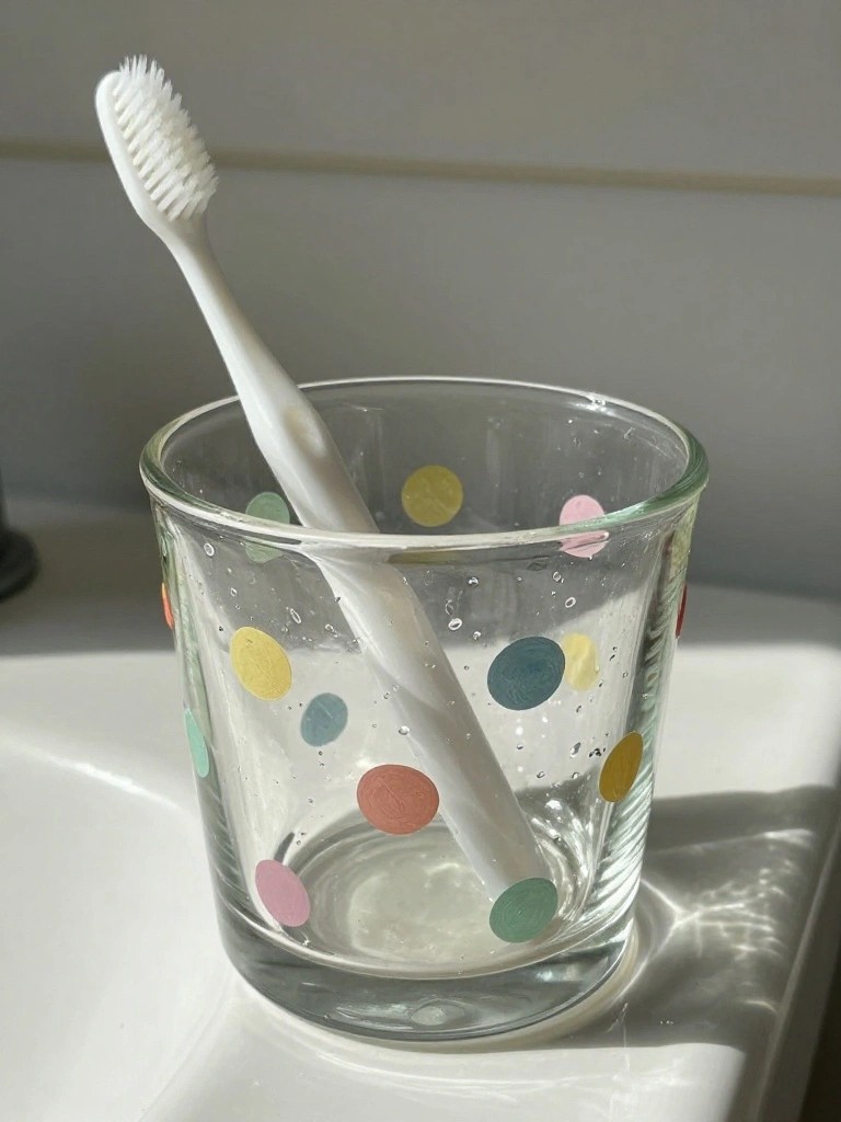 White toothbrush leaning in clear glass cup with colorful polka dots on sink