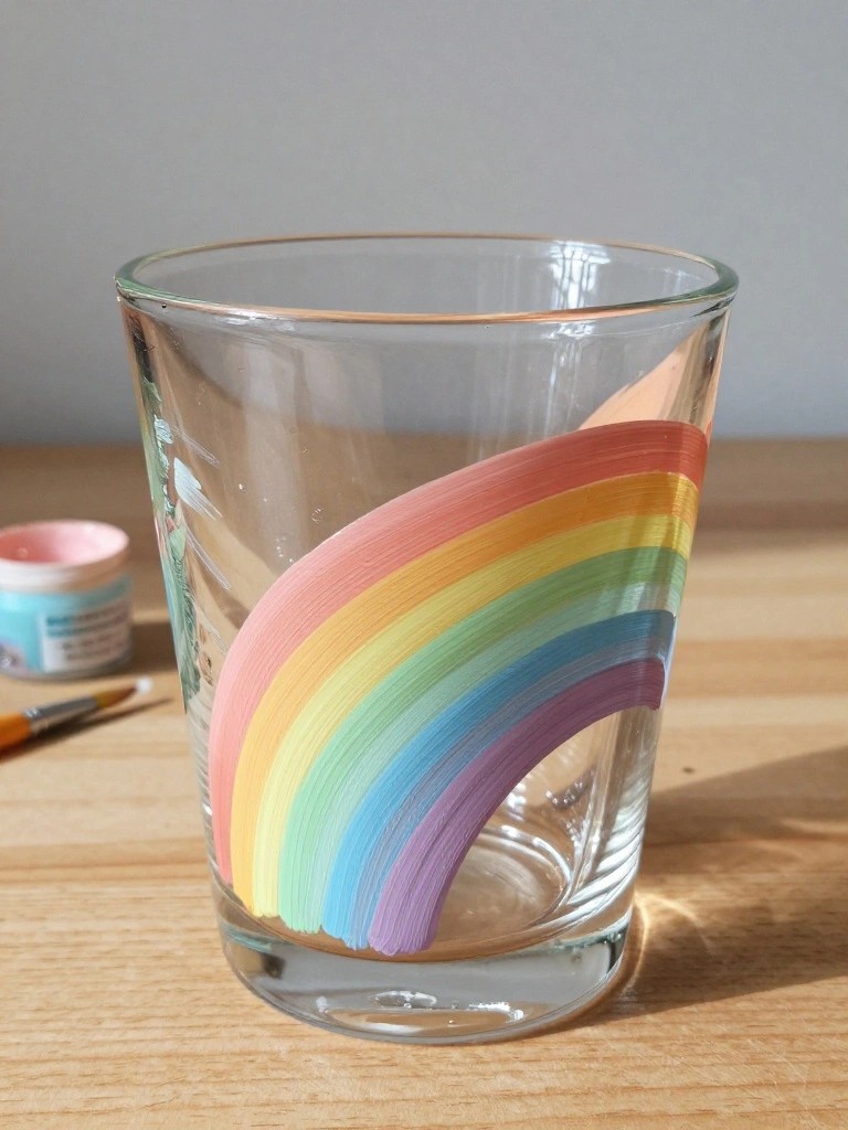 Clear glass cup with rainbow stripes on wooden table beside paint and brush