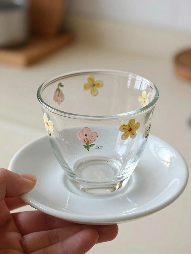 Hand holding white saucer with clear glass cup painted with colorful flowers