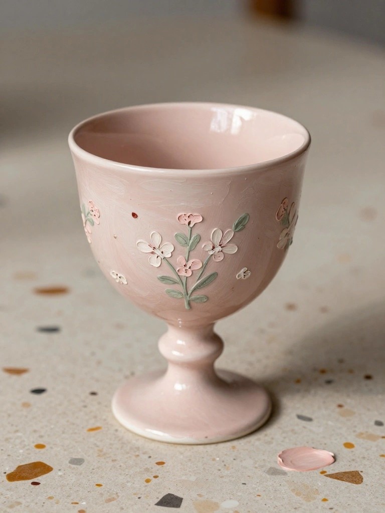Pink ceramic goblet with raised floral designs on speckled countertop