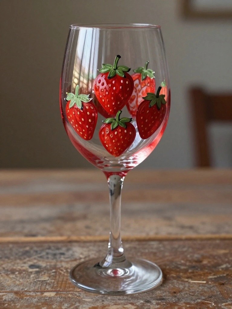Wine glass decorated with red strawberries on a rustic wooden table